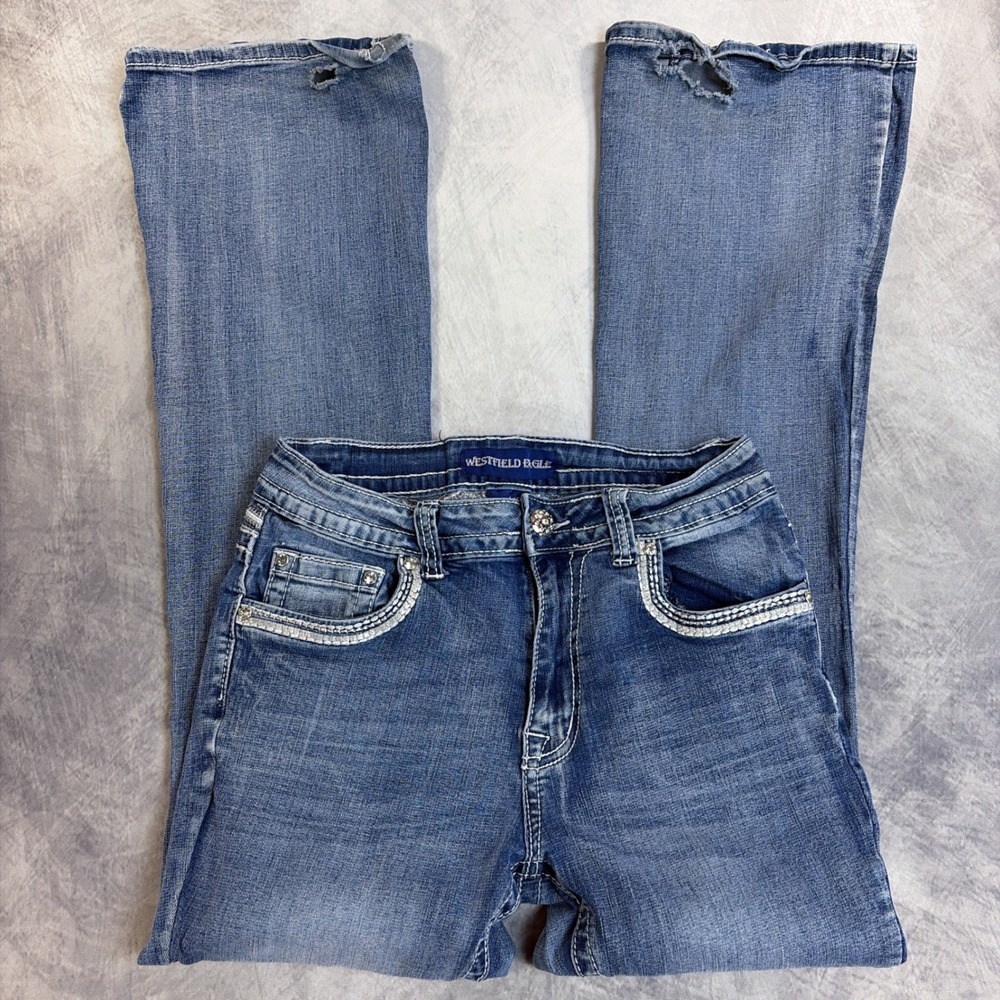 Y2K Westfield Eagle Flare Jeans Womens 11 Blue Embellished Rhinestone Cross Dist
